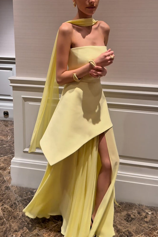 Monaco Off Shoulder Structured Top Chiffon Slit Hem Scarf Maxi Dress