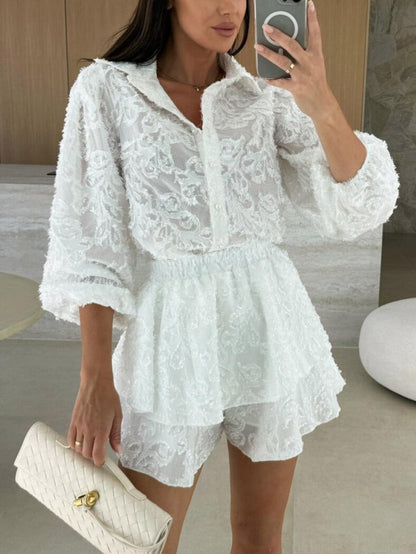 Exquisite Lace Jacquard Hollow Casual Long-sleeved Two-piece Suit