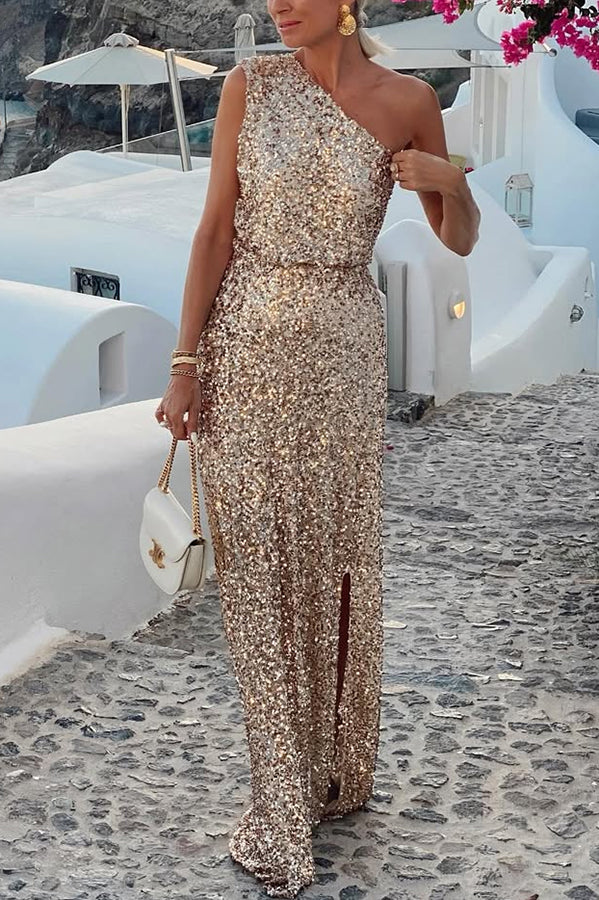 Santorini Night Sequin Fabric One Shoulder Slit Maxi Dress