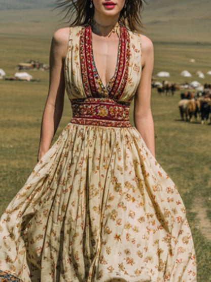 sheenchic Vacation Khaki All Over Print V Neck Pocket Western Maxi Dresses [Pre-Order]