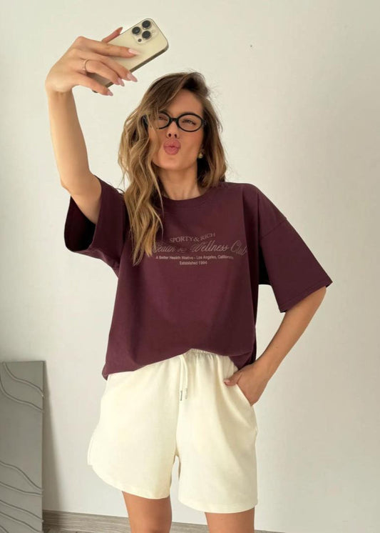 Bordeaux Script Tee – Oversized Cotton T-Shirt with Vintage Print