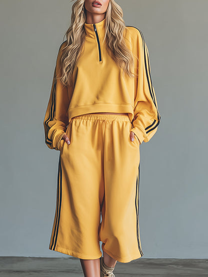 Stylish And Casual Sporty Color-blocked Yellow Sweatshirt And Five-point Shorts Set