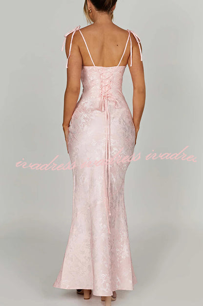 Jacquard Fabric Elegant Suspender Tie Slim Fishtail Maxi Dress