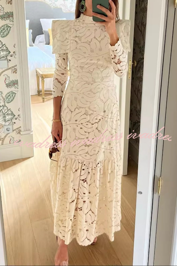 Solid Color Hollow Lace High Neck Long Sleeve Elegant Maxi Dress