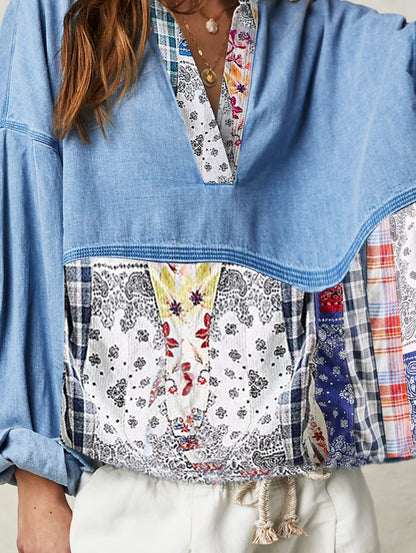 sheenchic Casual Denim Patchwork Half Placket Loose Blouse