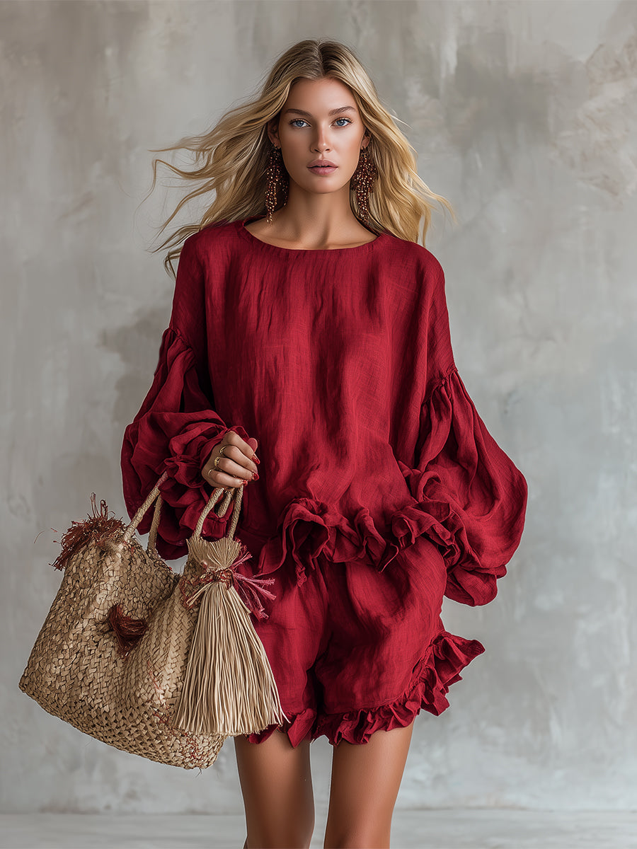 Vintage And Elegant Ruffled Red Cotton And Linen Shirt And Shorts Set