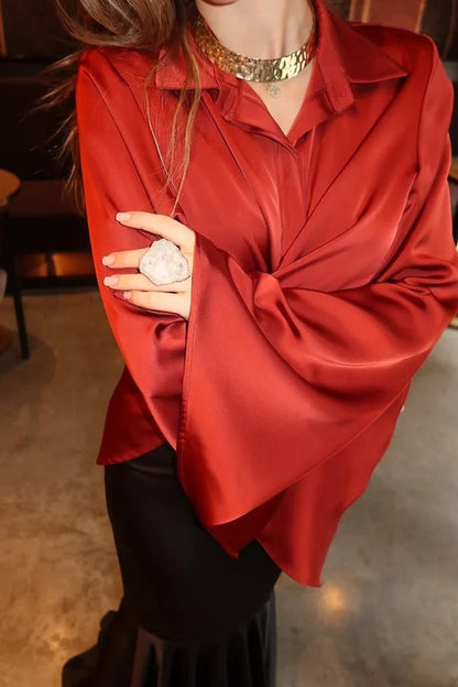 Jenny Satin Button Front Center Cross Straps Long Bell Sleeve Shirt