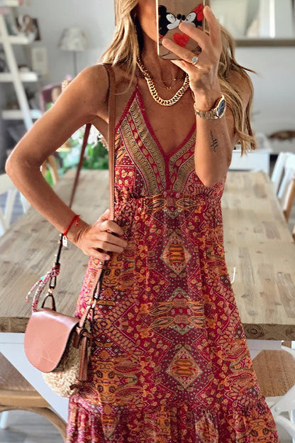 Vestidos largos con cintura elástica y tirantes estampados estilo bohemio celeste 