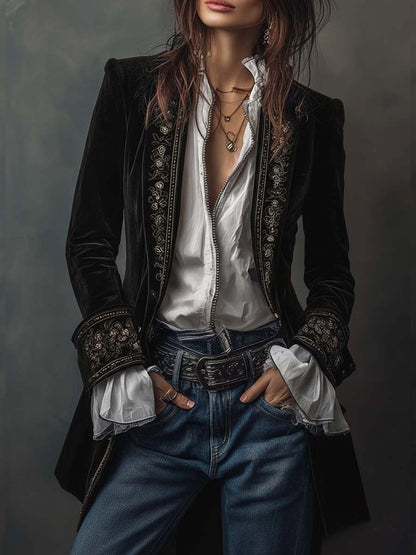 Business Casual Navy Blue Long Sleeve Embroidery Western Pocket Velvet Jacket