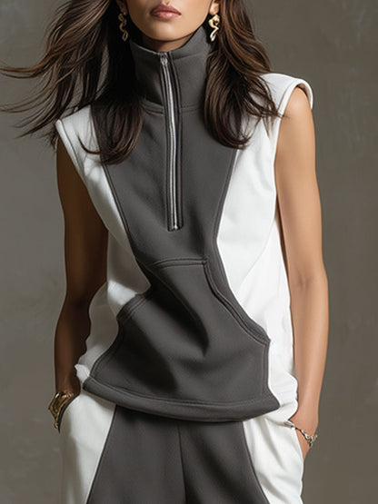 Retro Gray And White Sleeveless Sweatshirt And Wide-leg Pants Set