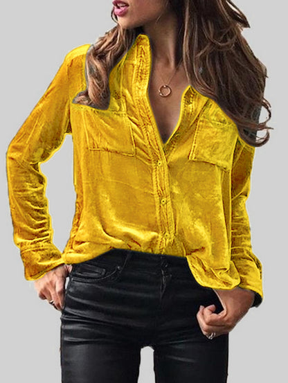 Casual Turndown Collar Pocket Button Long Sleeve Blouse