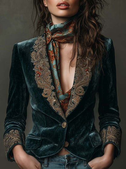 Velvet Blazer With Intricate Embroidered Lapels
