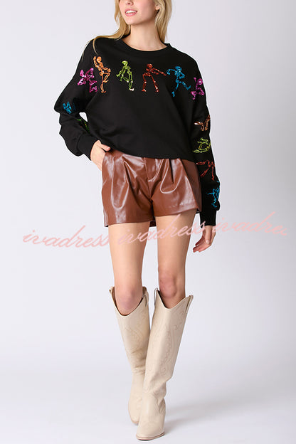 Halloween Skull Sequin Loose Crop Casual Sweatshirt