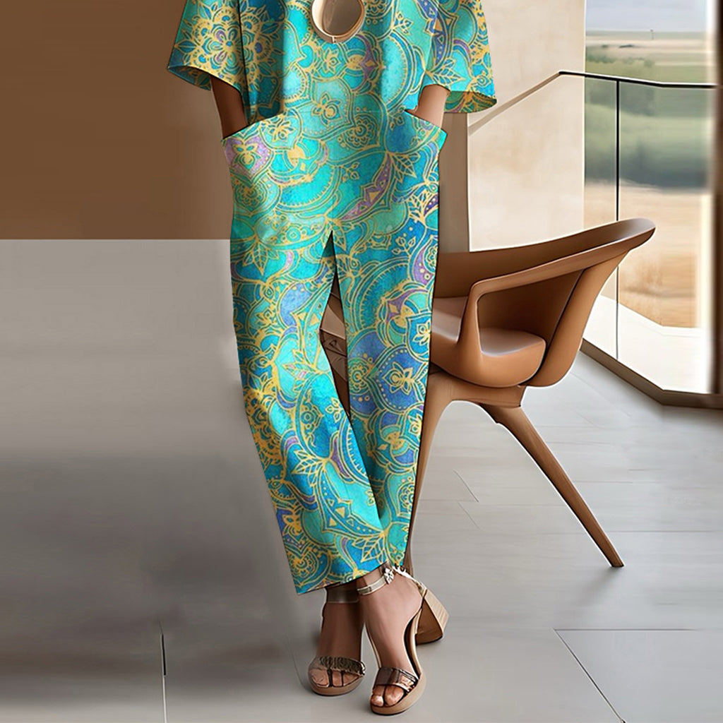 sheenchic Ethnic Patterns Drop Shoulder 3/4 Sleeve Pocket Jumpsuit
