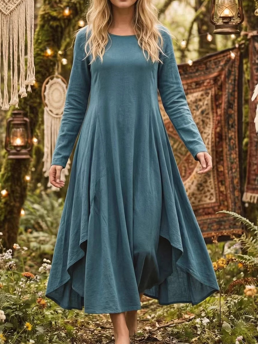 Vacation Blue Round Neck Long Sleeve Asymmetric Hem Vintage Ruffled Linen Maxi Dresses