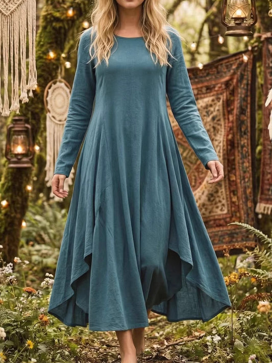Vacation Blue Round Neck Long Sleeve Asymmetric Hem Vintage Ruffled Linen Maxi Dresses