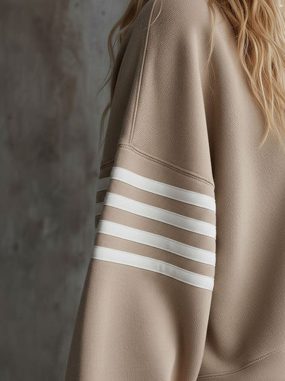 Sporty Retro Striped Light Khaki Long-Sleeve Polo Sweatshirt And Skirt Set