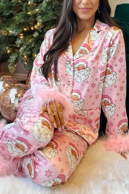 Christmas-themed satin feather-trimmed pajama set
