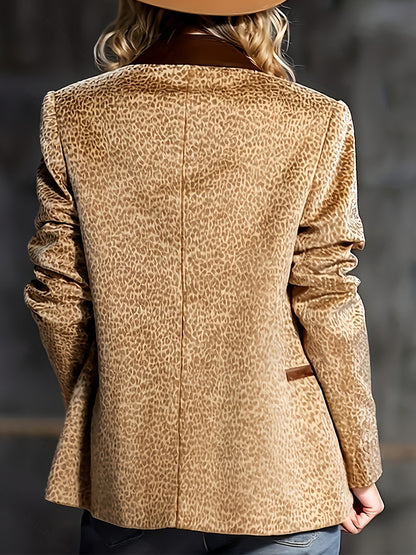 Daily Khaki Leopard Turndown Collar Long Sleeve Pocket Western Button Velvet Blazer