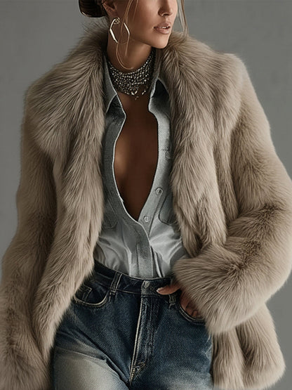 Soft Taupe Faux Fur Oversized Long Sleeve Coat