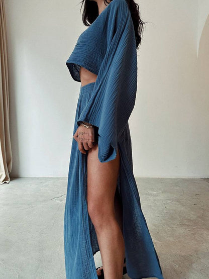 Loose Top and Slit Wide Leg Pants Set