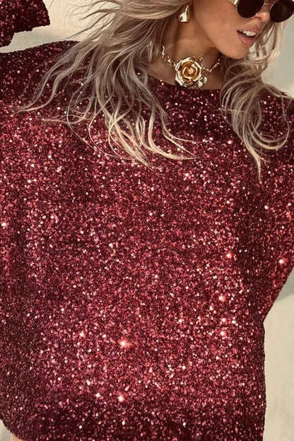 Haute Holidays Sequin Wide Neck Long Sleeve Loose Top