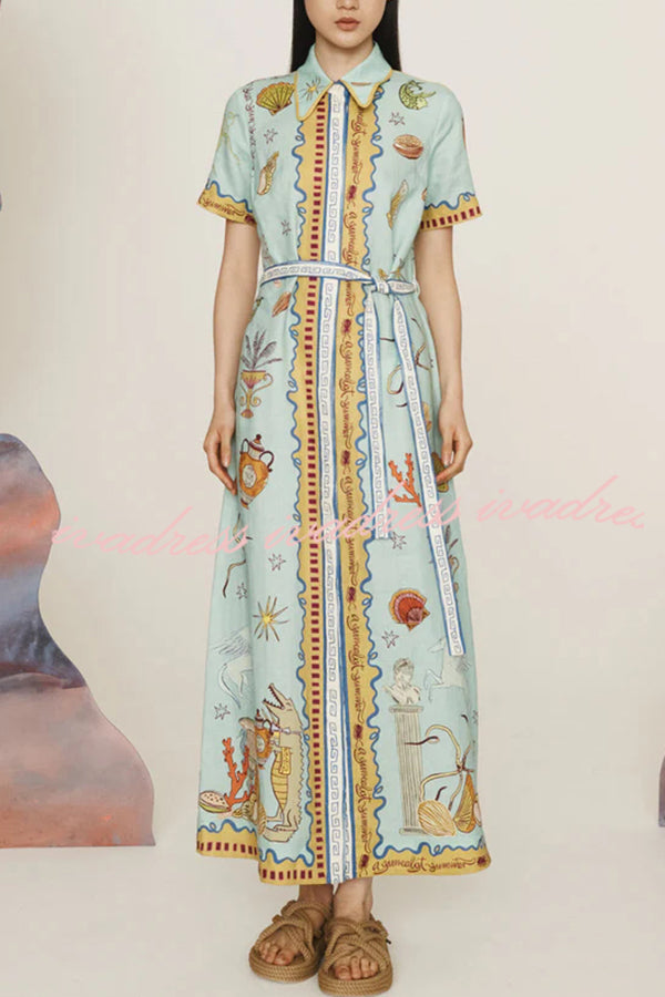 Vestido camisero largo de manga corta con lazo y estampado único de mezcla de lino Deep Sea Dreaming 