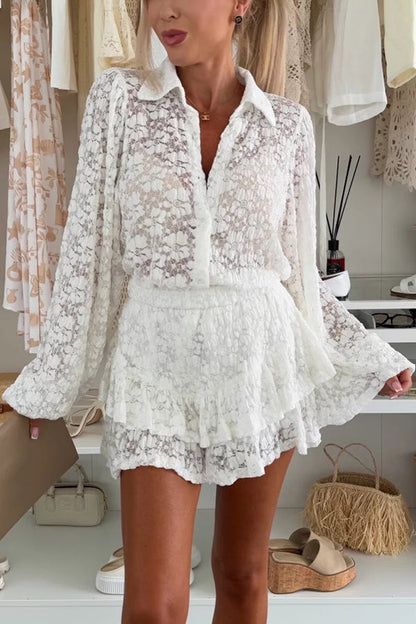Nicola Lace Long Balloon Sleeve Blouse and Elastic Waist Layered Skort Set