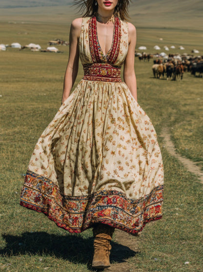 sheenchic Vacation Khaki All Over Print V Neck Pocket Western Maxi Dresses [Pre-Order]