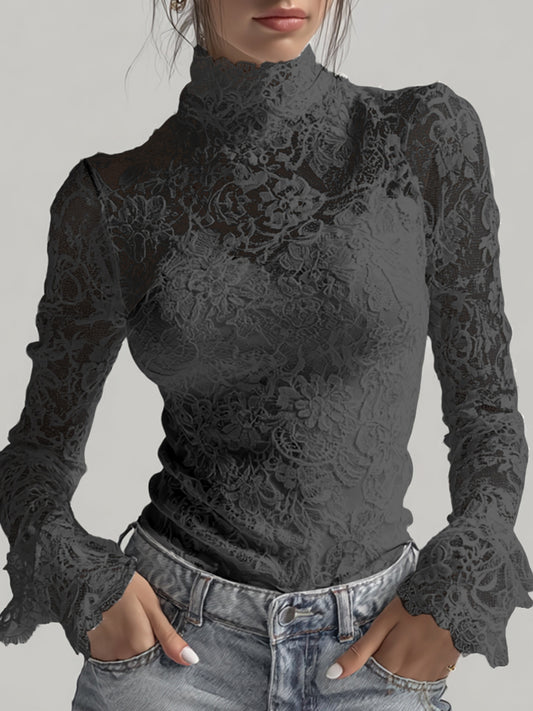 sheenchic White Sheer Lace High Neck Flare Sleeves Top & Camisole 2Pcs Set