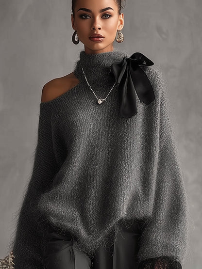 Gray Mohair Knit Sweater With Lace Cuffs