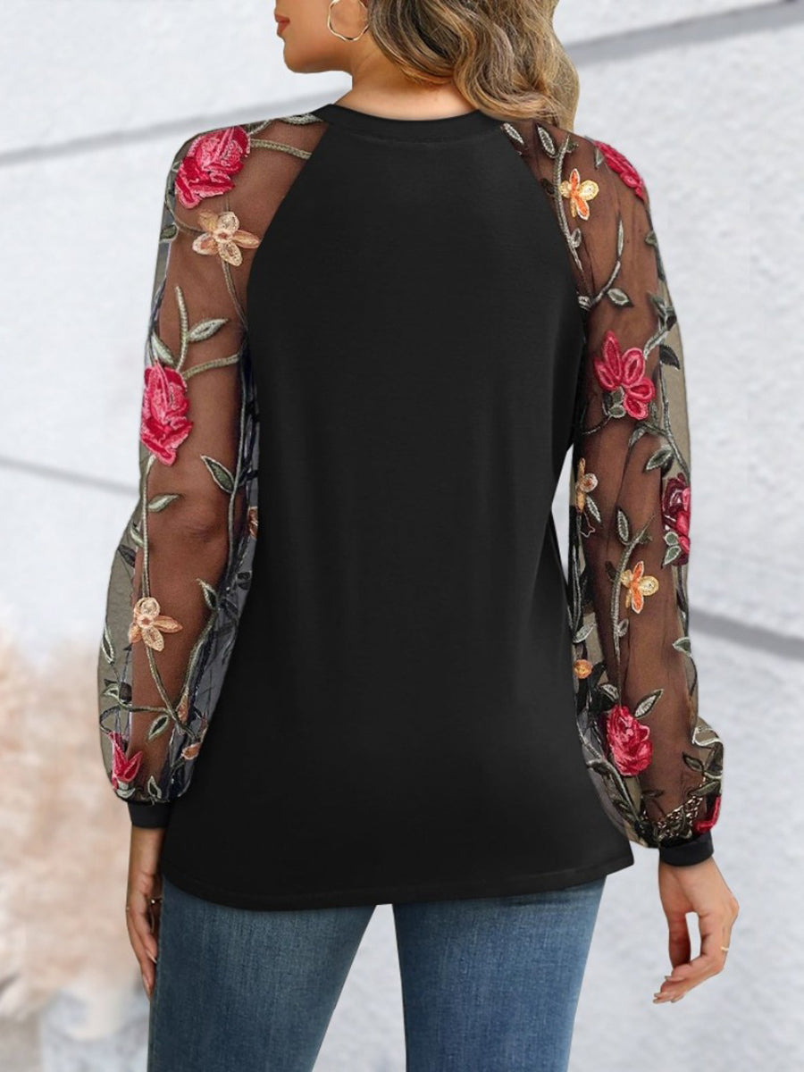 Valentines Red Round Neck Long Sleeve Contrast Elegant See Through Tulle Blouses