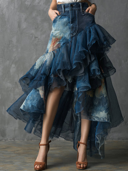 sheenchic Dark Blue Denim Printed Asymmetrical Ruffled Mesh Maxi Skirt