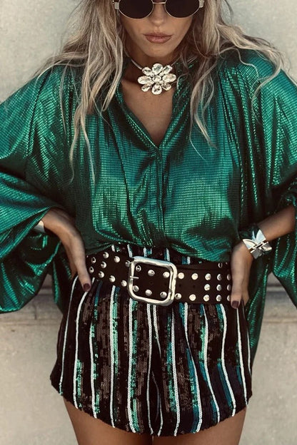 Cheers To That Glitter Fabric Button Up Balloon Sleeve Loose Blouse