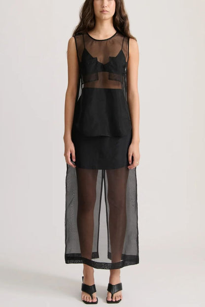 Embraces Modern Sheer Organza Pocket Oversized Tank and High Rise Slit Midi Skirt Set