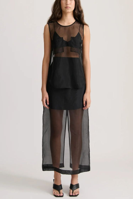 Embraces Modern Sheer Organza Pocket Oversized Tank and High Rise Slit Midi Skirt Set