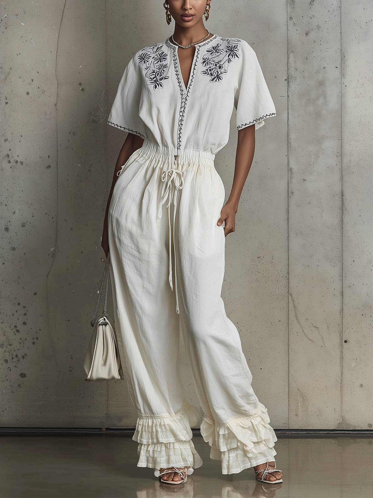 Embroidered Cotton Jumpsuit With Drawstring Waist And Ruffled Hem