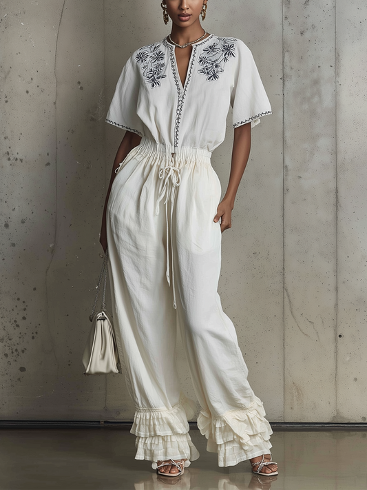 Embroidered Cotton Jumpsuit With Drawstring Waist And Ruffled Hem
