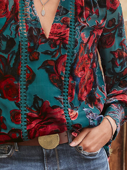 Elegant Floral Pattern V Neck Hollow Out Velvet Blouse