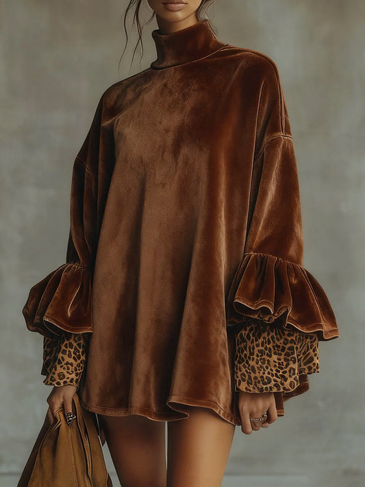 Daily Brown Leopard High Collar Long Sleeve Ruffle Vintage Contrast Velvet Mini Dresses