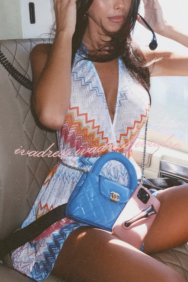 Eleanor Knit Colorful Zigzag Pattern Halter V-neck Tie-up Loose Romper