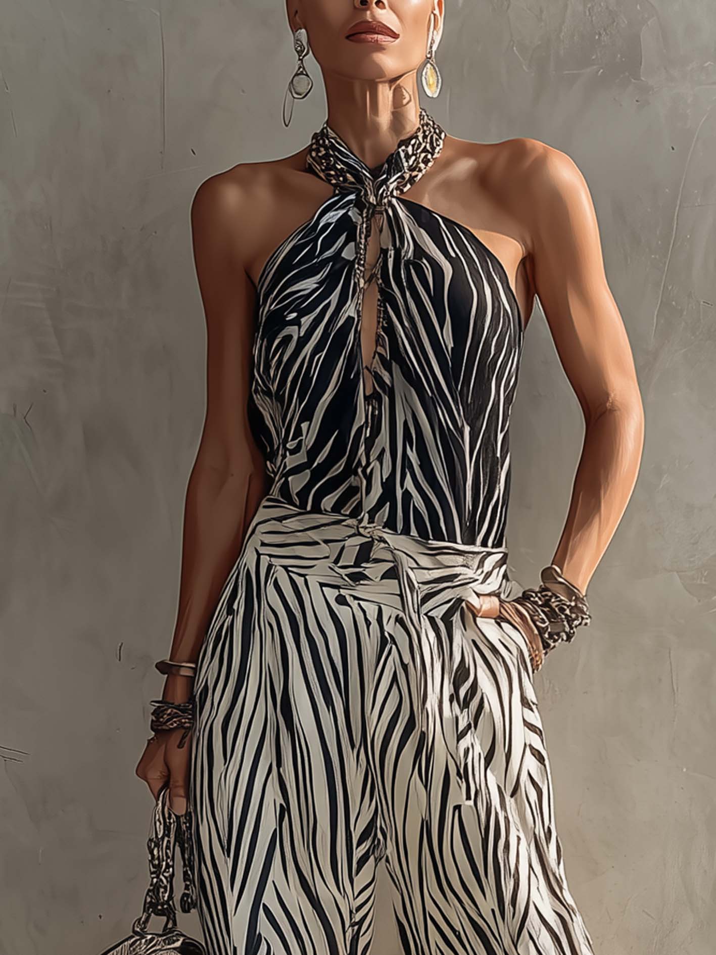 Black And White Zebra Print Halter Chiffon Top And Wide Leg Pants Set
