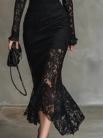 Daily Black High Collar Long Sleeve Mermaid Vintage See Through Lace Midi Dresses