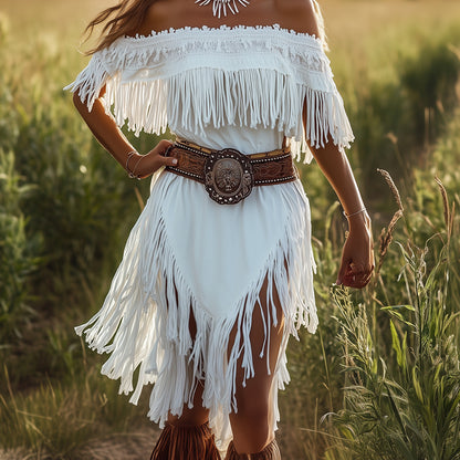 sheenchic Off The Shoulder Fringe Irregular Hem Midi Dress