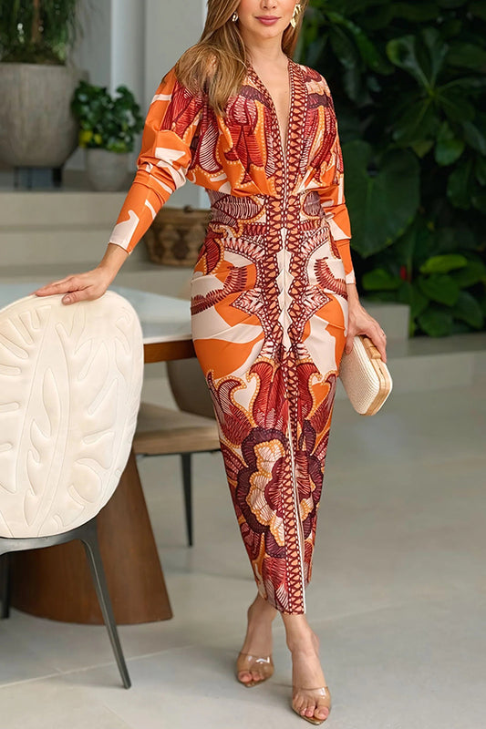 Brazilian Style Unique Print Dolman Long Sleeve Ruched Slit Midi Dress  Vestidos