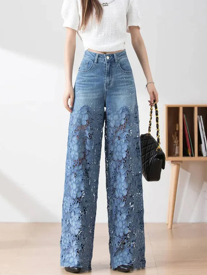 Fashion Rhinestone Denim Lace Patchwork High Waist Straight Leg Jeans