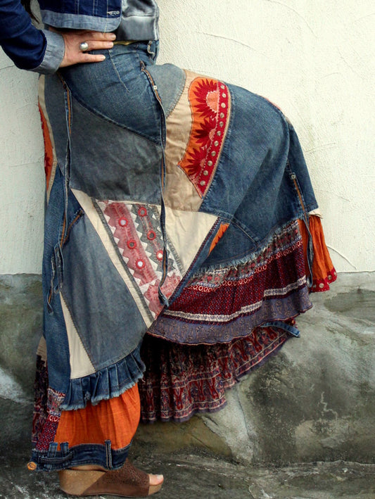 Vintage Boho Colorblock Denim Patchwork Belt Midi Skirt