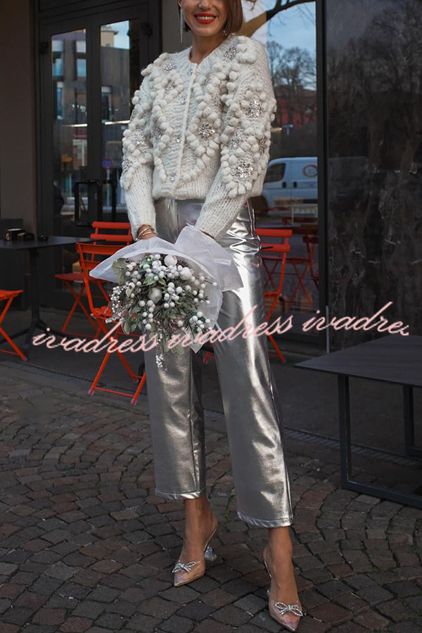 Cárdigan de punto con lentejuelas y pompones de flores 