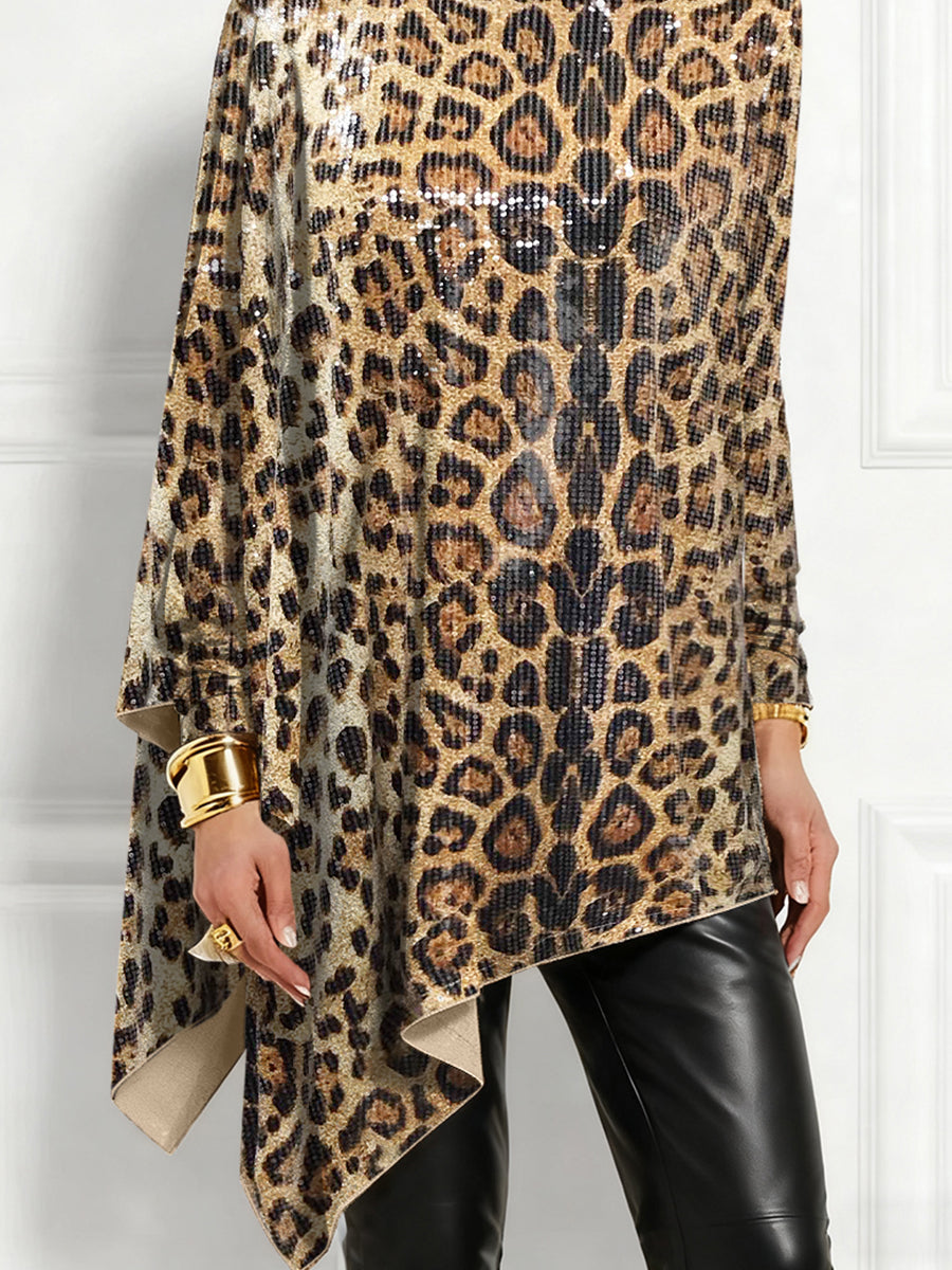 sheenchic Party Metallic Brown Leopard High Collar Long Sleeve Irregular Hem Elegant Sequin Blouses