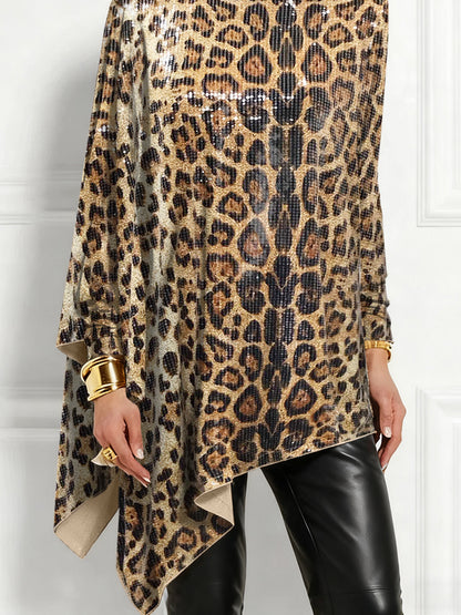 sheenchic Party Metallic Brown Leopard High Collar Long Sleeve Irregular Hem Elegant Sequin Blouses